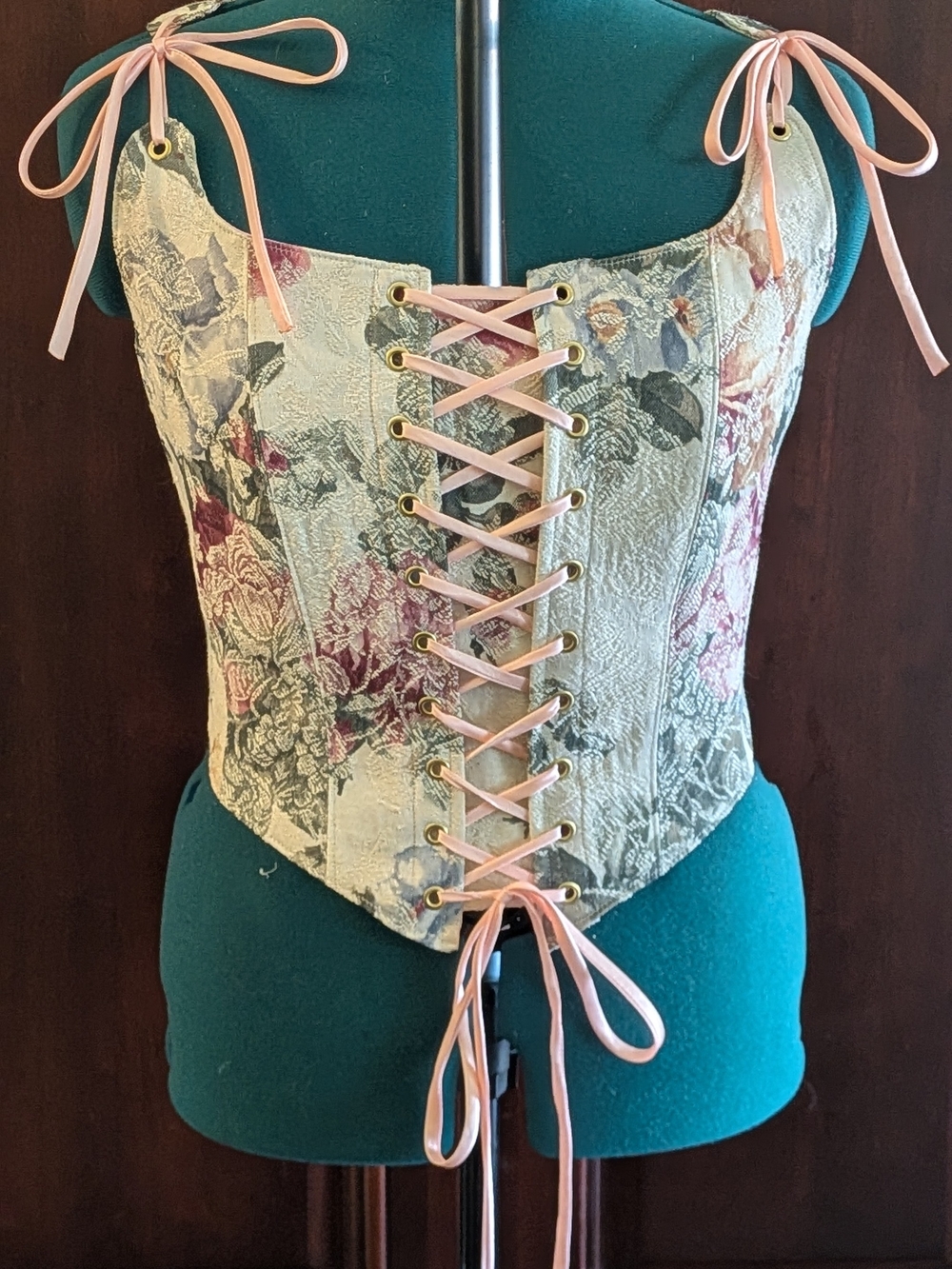 Floral Brocade Lace-Up Corset with Pink Ribbon